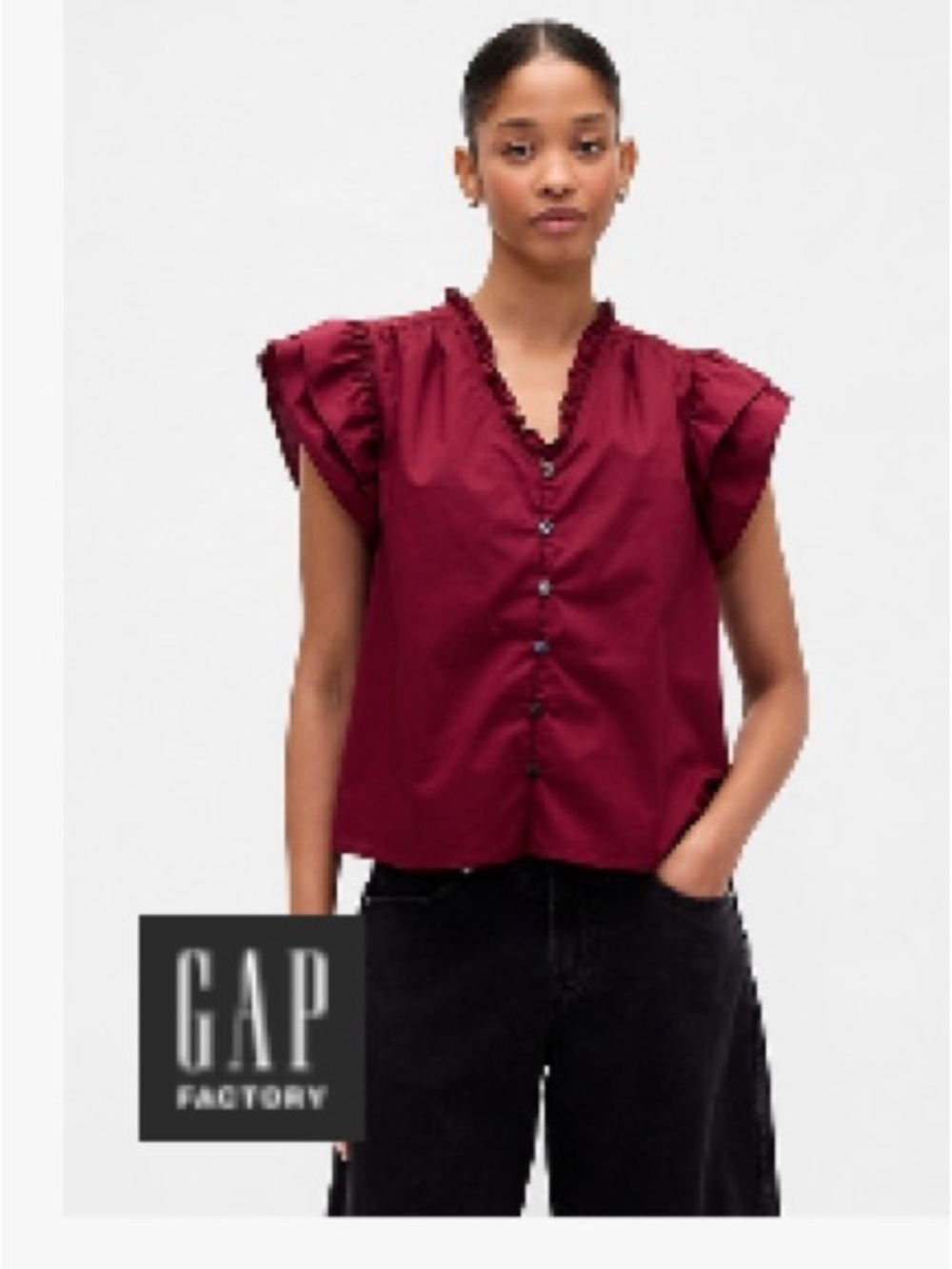 GAP Factory Burgundy Ruffled Sleeve Button-Front Blouse